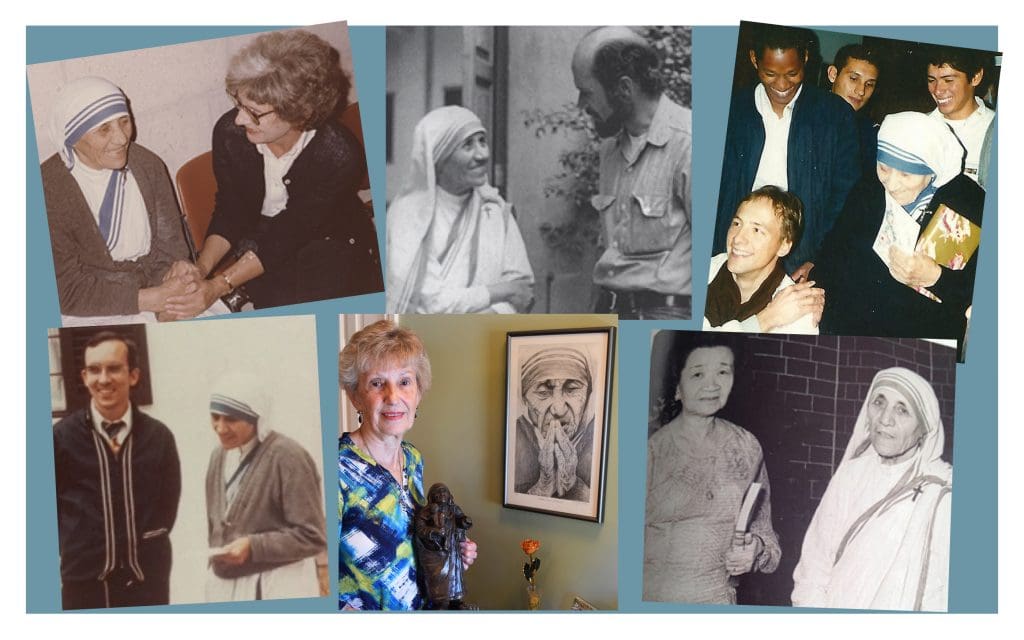 Collage de personas que se fotografían con Madre Teresa, quien desde 1960 no dejó de recorrer el mundo
