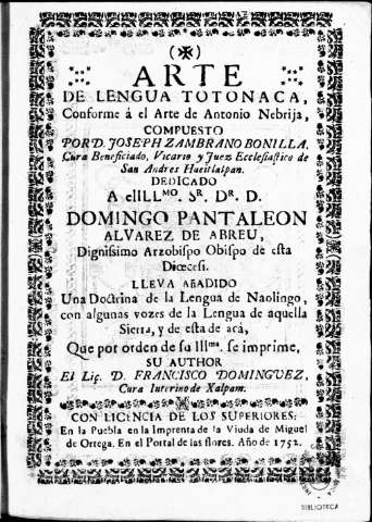 Arte de la Lengua Totonaca de 1752, una gramática al estilo de la de Nebrija