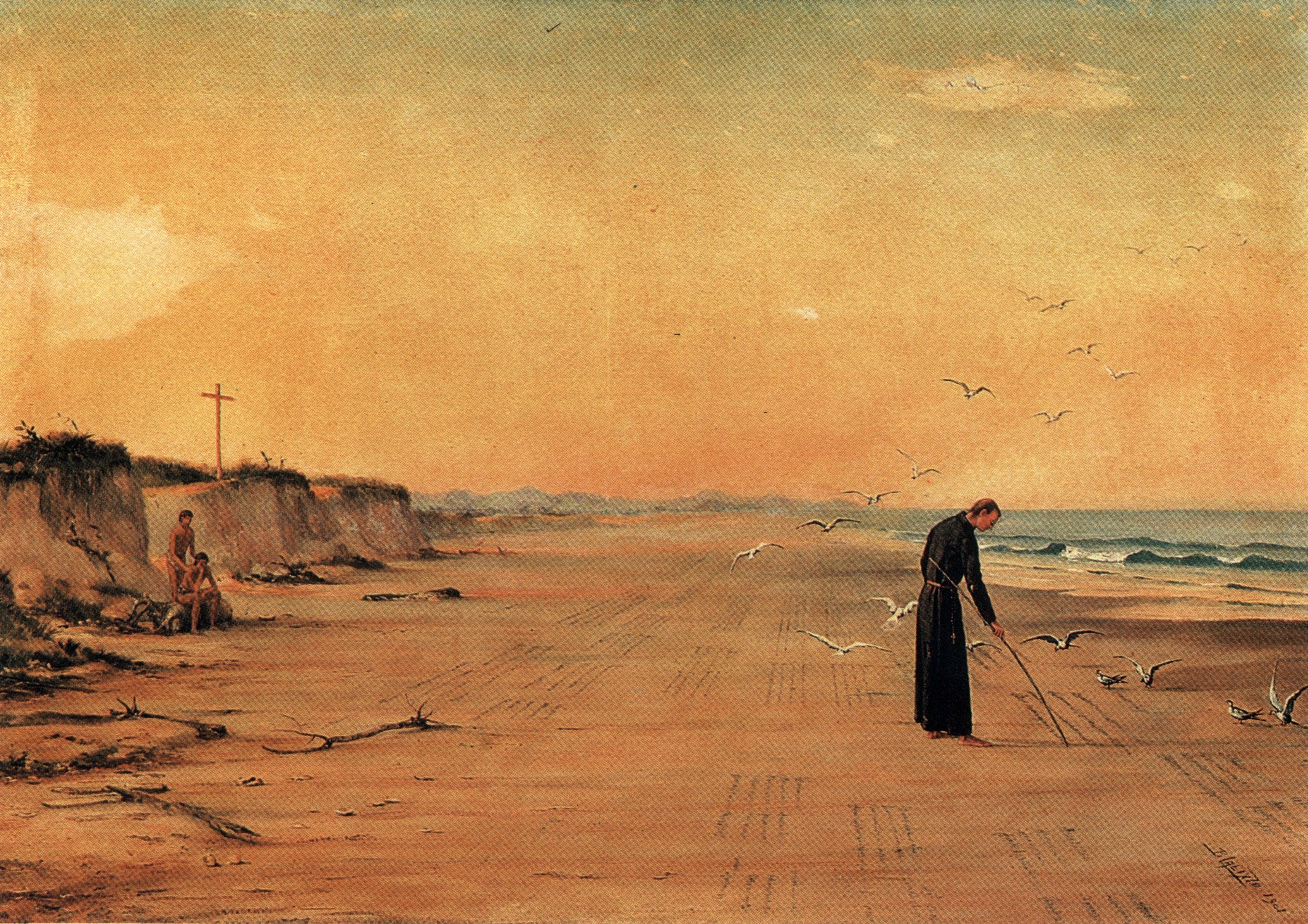 San José Anchieta, fundador de Sao Paulo, escribe en la arena de la playa un himno a la Virgen