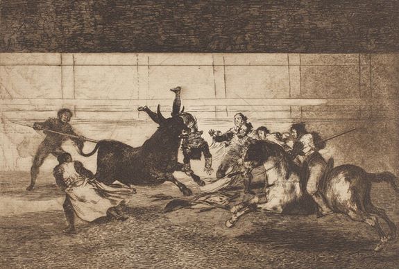 Francisco de Goya reflejó así la muerte de Pepe-Hillo en Madrid entre los pitones de Barbudo el 11 de mayo de 1801. 