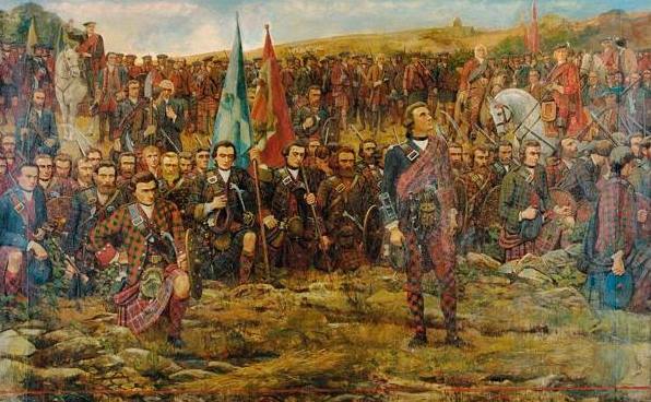 A la izquierda, en primer término, adelantado a la fila, el padre Cameron en el tapiz 'La oración por la victoria en la batalla de Prestonpans' de William Skeoch Cumming.