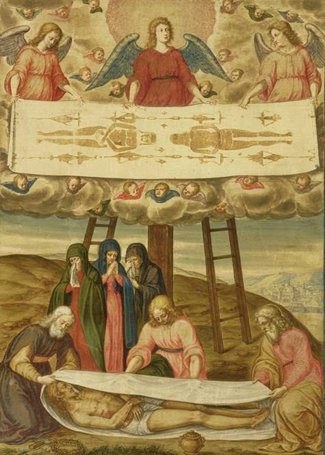 Jesús es envuelto en la Sábana Santa tras ser descendido de la Cruz, en un cuadro de Giulio Clovio (1498-1578).