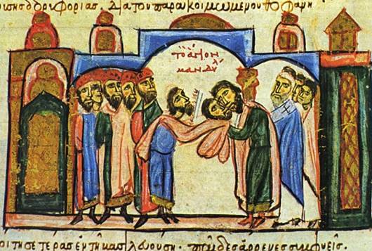 La escena del traslado de la Sábana Santa, en el códice Skylitzes Matritensis, del siglo XII.