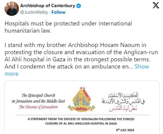 En X, antes Twitter, el Primado anglicano protesta por el cierre forzado del Hospital Anglicano en Gaza