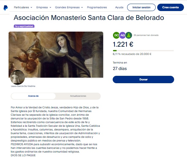 Pantallazo del intento de crowfunding de la exabadesa de Belorado a través de Paypal