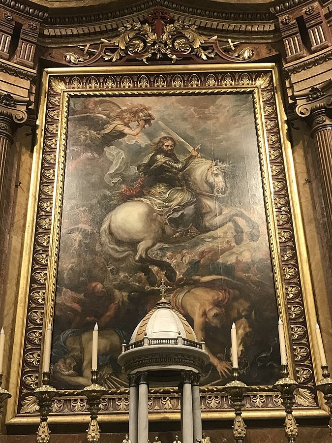 Santiago, durante la batalla de Clavijo, de Francisco Rizi (Retablo en la parroquia de Santiago y San Juan Bautista de Madrid)