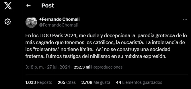 El arzobispo Chomali valora en Twitter X la blasfemia de los Juegos Olímpicos