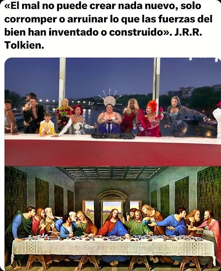 Composición y frase difundidas por el cardenal Daniel Sturla en su rechazo al espectáculo de París. El cuadro de Leonardo expresa una civilización, explica De Villiers: su escarnio público, el suicidio de una nación histórica.