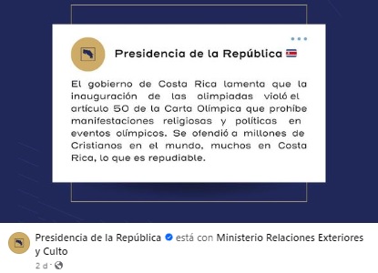 Gobierno de Costa Rica protesta por blasfemia e ideología en la Ceremonia Inaugural de los Juegos Olímpicos de París