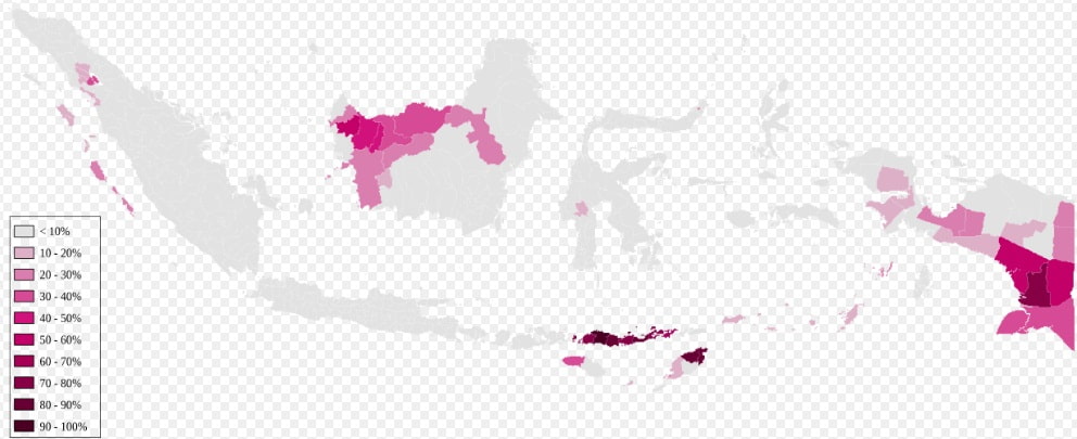 Mapa de Indonesia con las zonas de más población católica según el censo de 2014