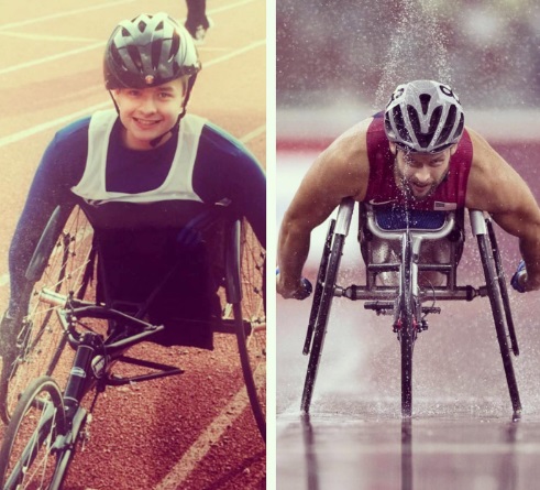 Brian Siemann con su primera silla de carreras, y años después, ahora es medallista olímpico