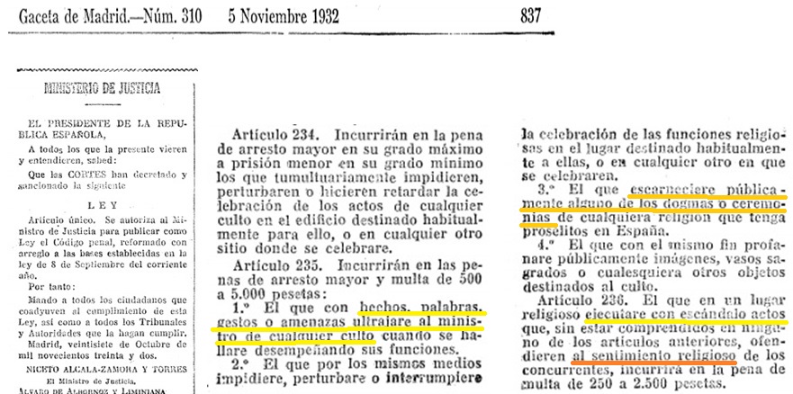 Norma de la Segunda República Española contra quien ofenda los sentimientos religiosos