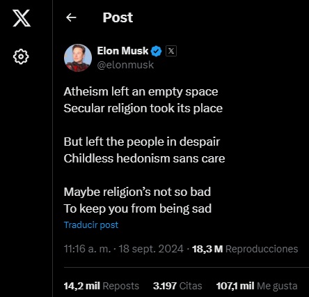 Tuit de Elon Musk en septiembre de 2024 diciendo que la religión no está tan mal 