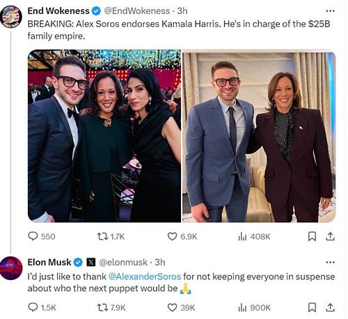 'Solo quiero dar las gracias a Alexander Soros por no tener a todo el mundo en vilo sobre quién será la nueva marioneta', escribió Elon Musk tras conocer el apoyo del hijo de Georges Soros a Kamala Harris.