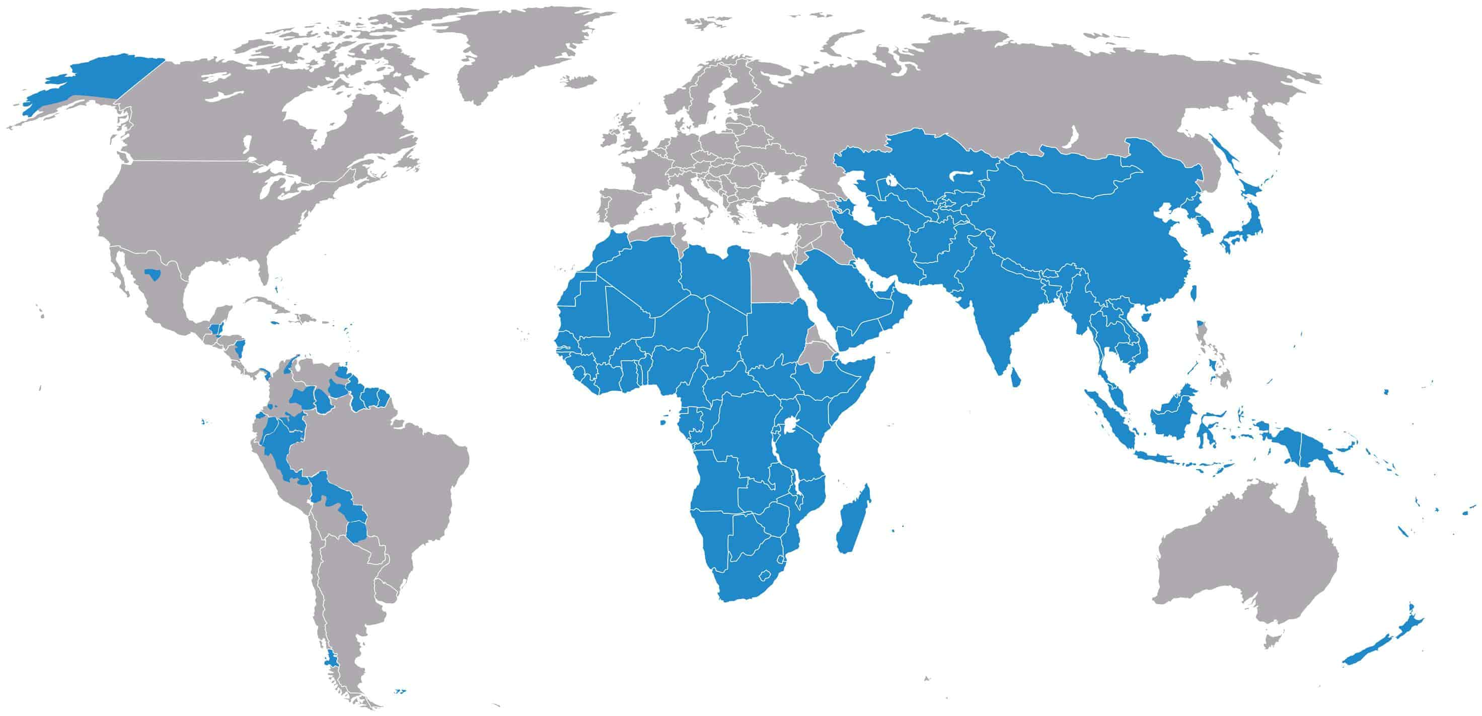 Los territorios de misión de la Iglesia Católica en 2024, en azul