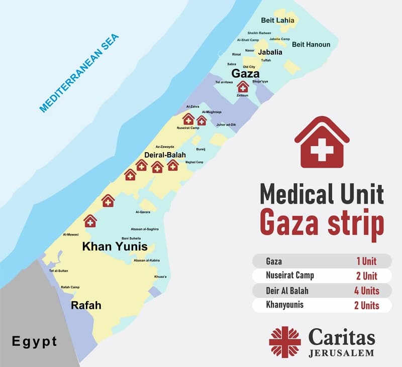  Mapa de equipos médicos de Cáritas Jerusalén en la Franja de Gaza