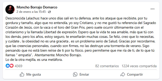 Comentario de Moncho Borrajo en Facebook sobre Lalachus y las campanadas