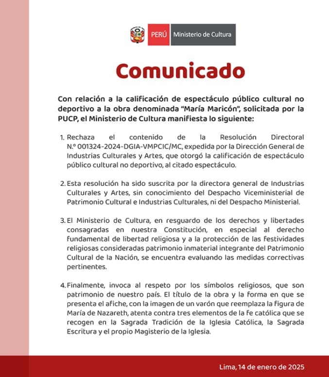 El comunicado del Ministerio de Cultura de Perú en rechazo a la obra sacrílega.