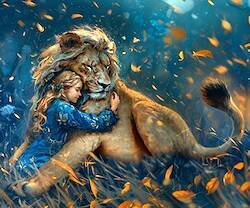 La niña de las Crónicas de Narnia abraza al león.