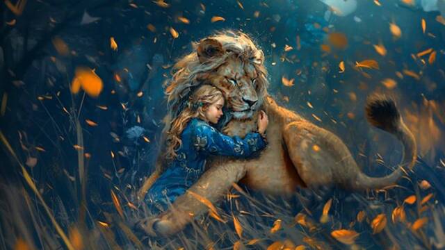 La niña de las Crónicas de Narnia abraza al león.