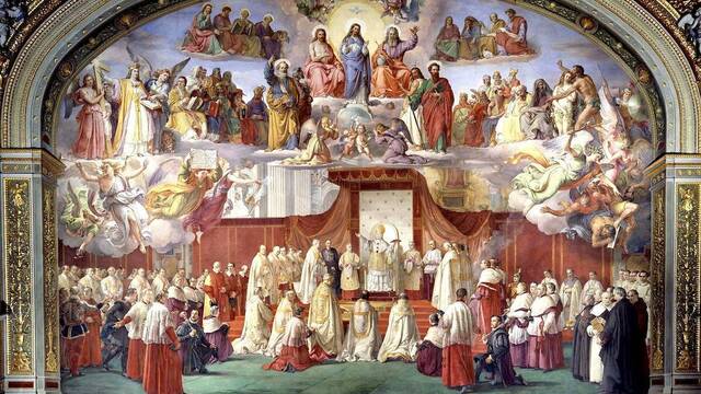 Francesco Podesti, 'Proclamación del dogma de la Inmaculada Concepción', fresco pintado entre 1859 y 1861 en la Sala de la Inmaculada  de los Museos Vaticanos.