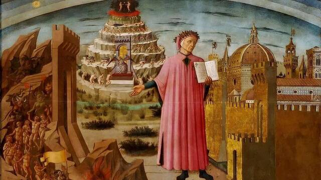 Alegoría de Dante y la Divina Comedia, tela de Domenico di Michelino (detalle, 1465) para la catedral de Florencia.