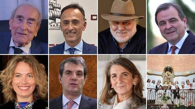 De izquierda a derecha y de arriba abajo: Alfonso López Quintás, Luis Ventoso, José Luis López-Linares, Juan Antonio Perteguer, Alejandra Salinas, José Manuel Díez Quintanilla, Emma de León y la Madre Belén rodeada de religosas del Cottolengo del Padre Alegre.