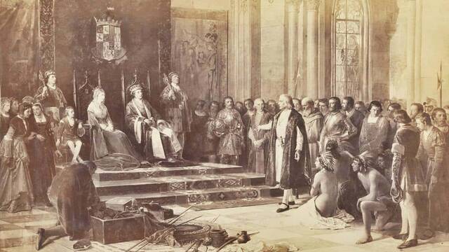 'Colón recibido por los Reyes Católicos al regresar de su primer viaje a América' (1874-1879) de Ricardo Balaca y Orejas Canseco (1844-1880), fotografiado por Juan Laurent y Minier (1816-1886). Museo del Prado.