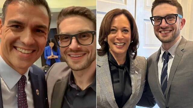 Alexander Soros, con Pedro Sánchez y Kamala Harris.