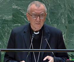 El cardenal Pietro Parolin, durante su intervención el 28 de septiembre ante la Asamblea General de las Naciones Unidas en Nueva York.