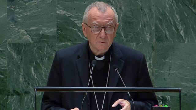 El cardenal Pietro Parolin, durante su intervención el 28 de septiembre ante la Asamblea General de las Naciones Unidas en Nueva York.