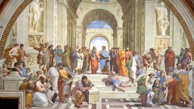 'La Escuela de Atenas' (1511) de Rafael Sanzio, fresco en los Palacios Vaticanos.