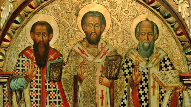 Los Padres Capadocios, del siglo IV: San Basilio de Cesarea, San Gregorio de Nisa y San Gregorio Nacianceno. Icono de Lipie, Museo Histórico de Sanok (Polonia). Wikipedia.