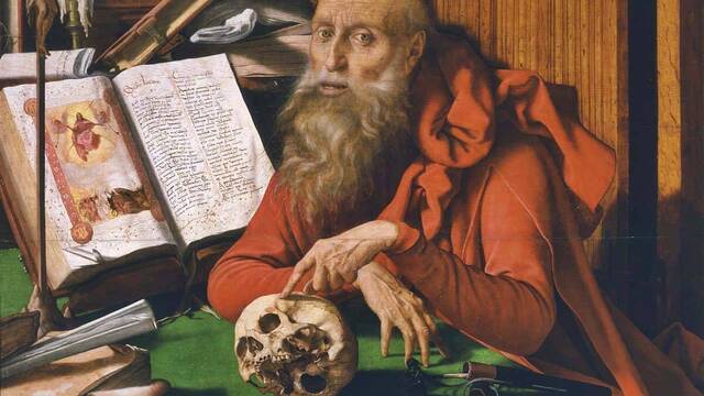 'San Jerónimo en su estudio' (detalle, 1535), de Marinus van Reymerswale. Real Academia de Bellas Artes de San Fernando, Madrid.